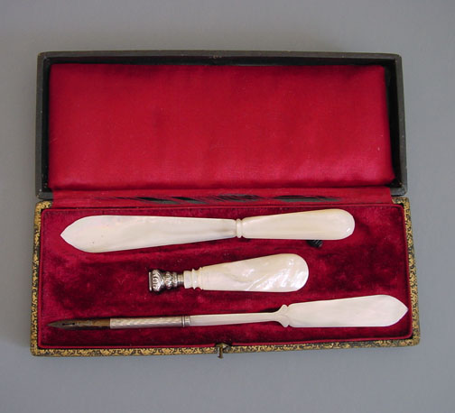 VICTORIAN mother-of-pearl boxed writing set, French 1880