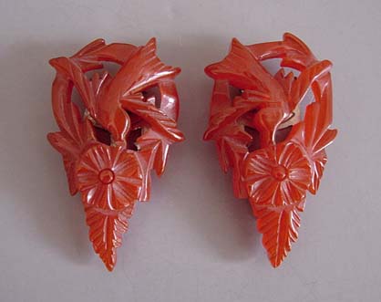 Bakelite translucent carved bird dress clips, set of 2