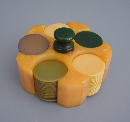 BAKELITE poker chip set in apricot holder