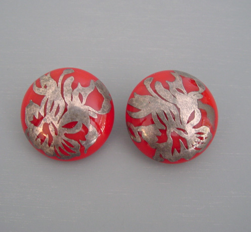 BAKELITE red with silver overlay earrings