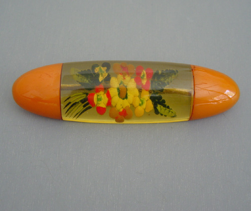 BAKELITE reverse carved painted flowers pin