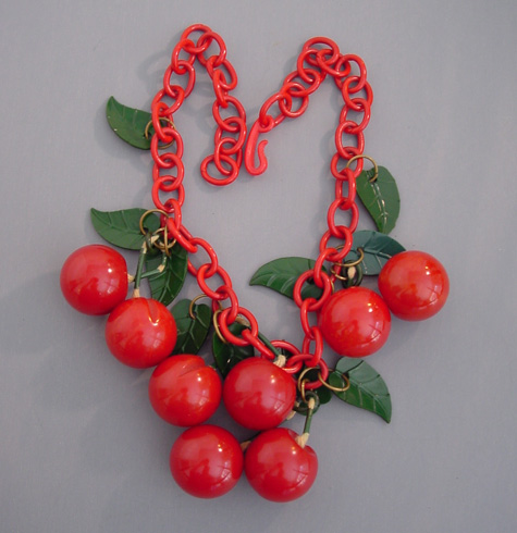 BAKELITE red carved cherries necklace