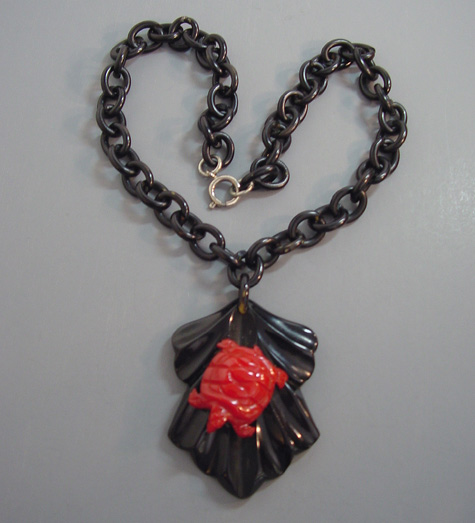 BAKELITE hand carved red turtle and black leaf necklace
