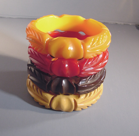 BAKELITE red, butterscotch, cream corn & brown set of 4 bangles