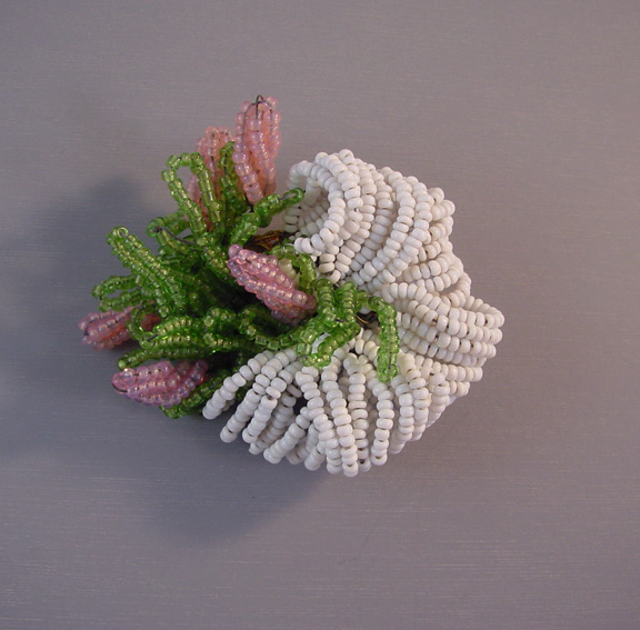 HATTIE CARNEGIE green, white & pink beads flower brooch