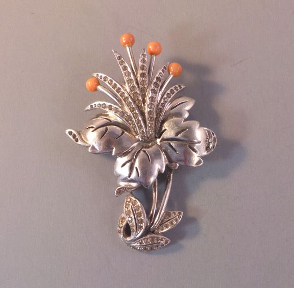 CINER silver tone flower brooch with coral stamen tips
