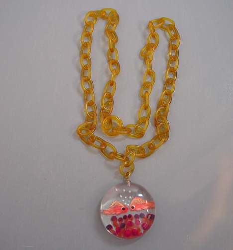 JUDY CLARKE reverse carved and painted Lucite sea life pendant with orange fish