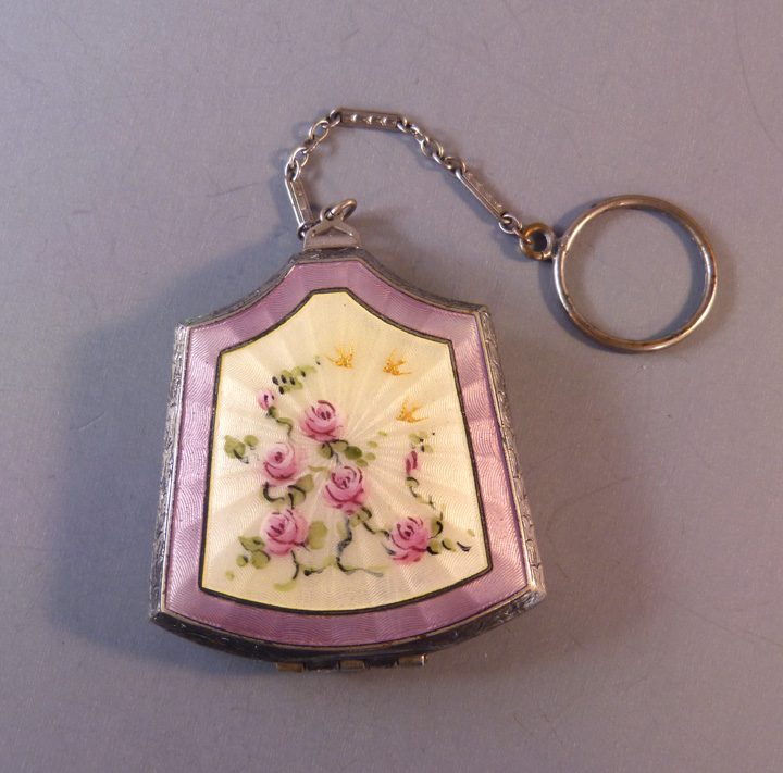 RM CO lavender and cream enameled dance compact with pink roses