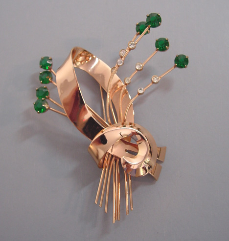 CORO Sterling Craft Retro brooch, green, clear rhinestone 1944
