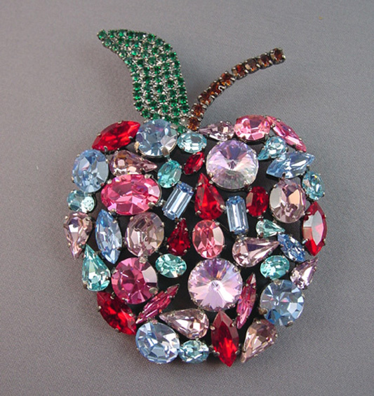 CRISTOBAL London large apple brooch with red, lavender
