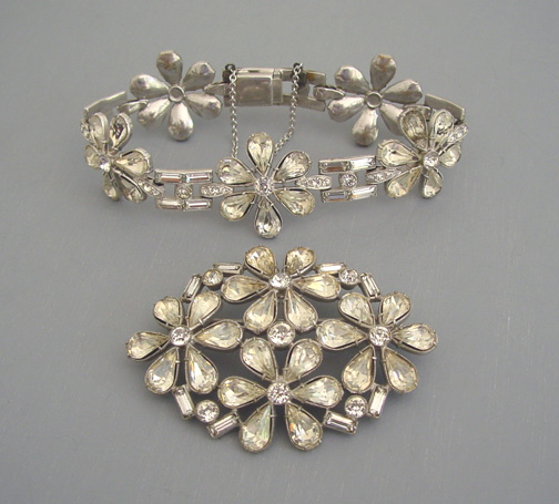 CZECHOSLOVAKIAN clear rhinestone flowers bracelet & brooch