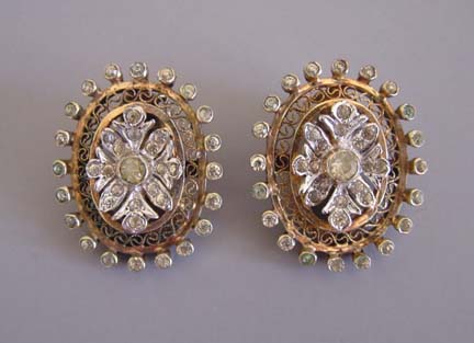 DEROSA oval earrings with clear rhinestones in a gold and silver plated sterling silver filigree setting
