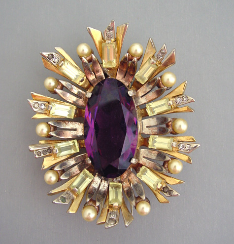 DEROSA fur clip purple center rhinestone, pale yellow baguettes set n yellow and rose gold washed sterling