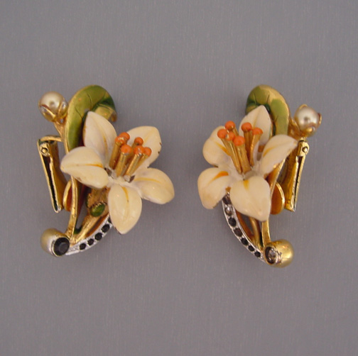 DEROSA  cream enameled lily flower earrings with wonderful detail, orange enameled stamen and green enameled leaves