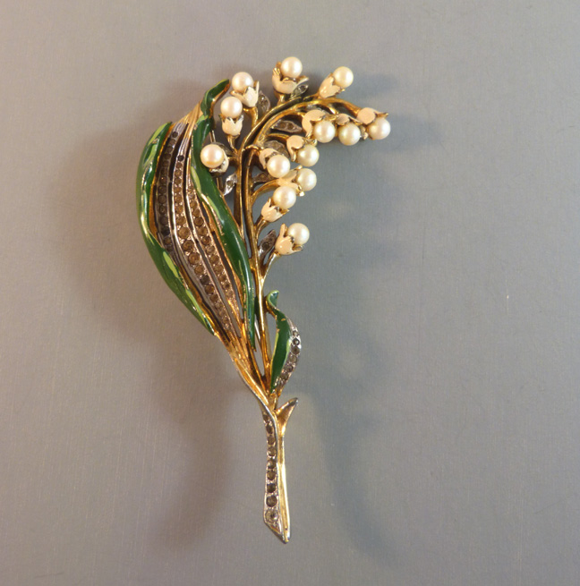 LILY-of-the-VALLEY brooch with glass pearls green enameled leave