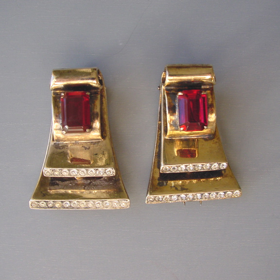 DEROSA rare set of Deco fur clips with red rhinestones
