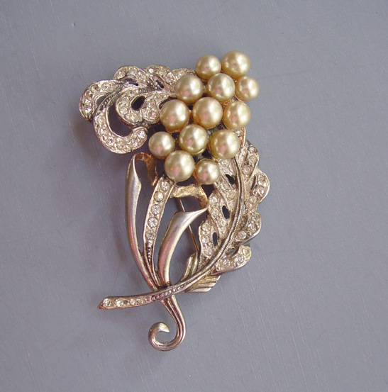 GLASS PEARLS set in gold washed sterling stylized floral brooch - $198. ...