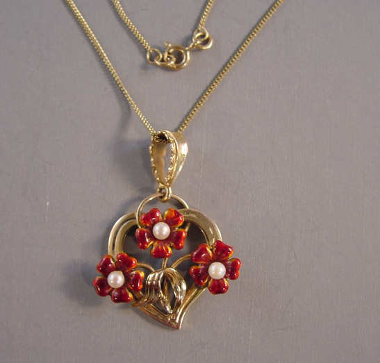 ENGLISH S&B enameled pansy 9 carat yellow gold necklace red enameled
