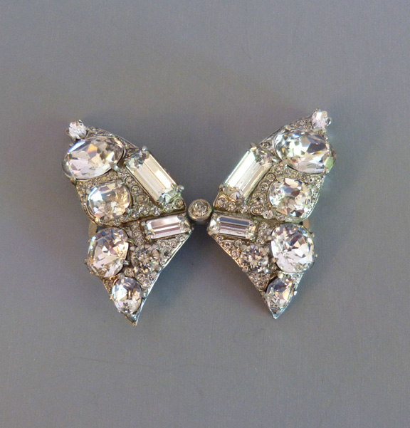 CLEAR rhinestone brilliant butterfly double clip circa 1940