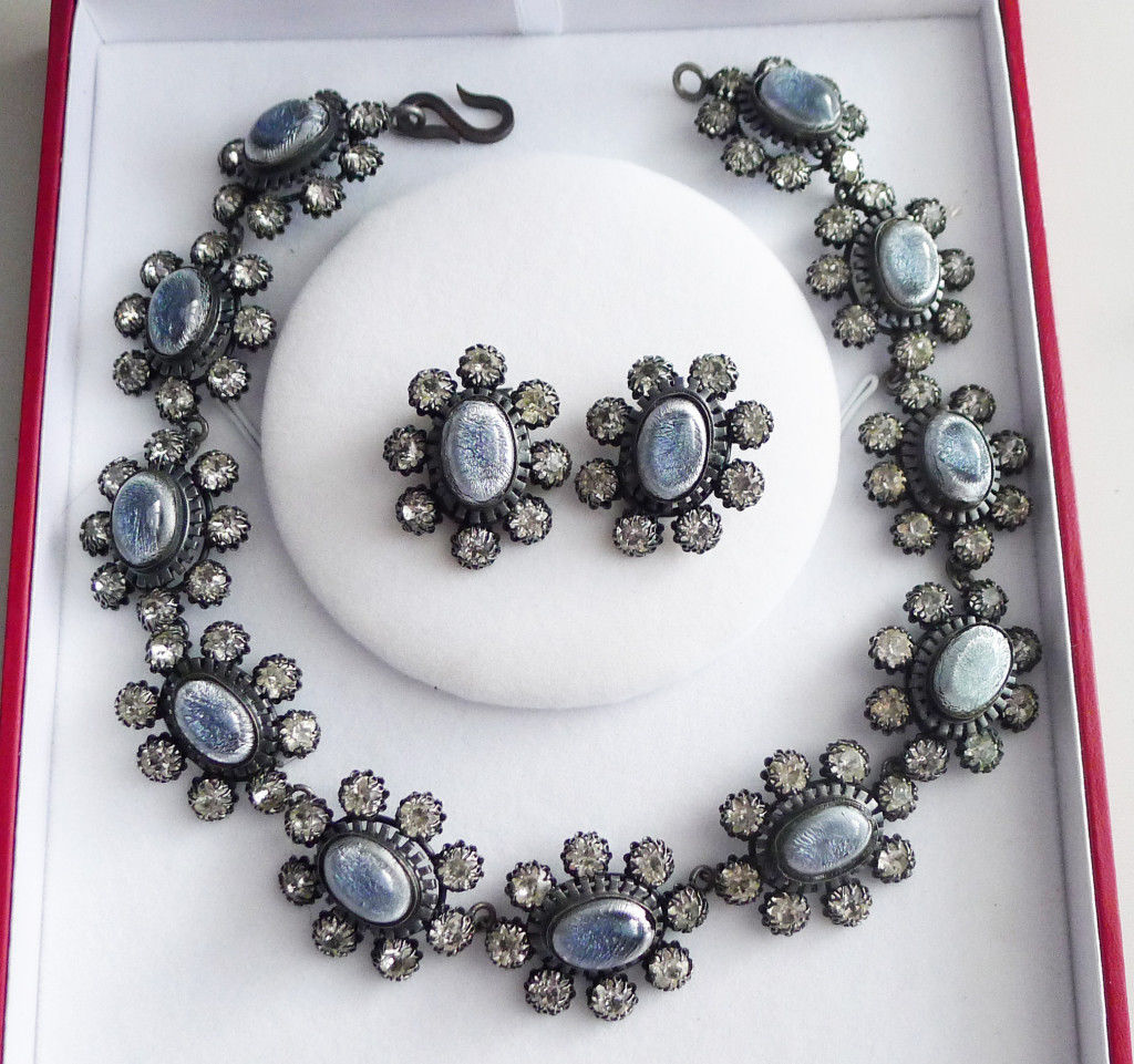 FRENCH foiled glass cabochon links necklace & earrings for Dior