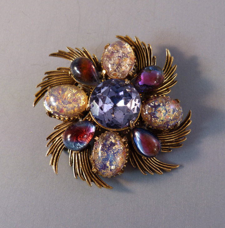 FLORENZA lavender plum purple art glass rhinestone brooch