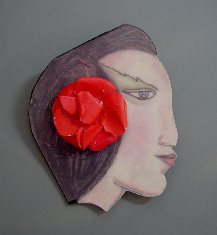 JOSEPH GOURDJI lady profile pin with red 3-D rose