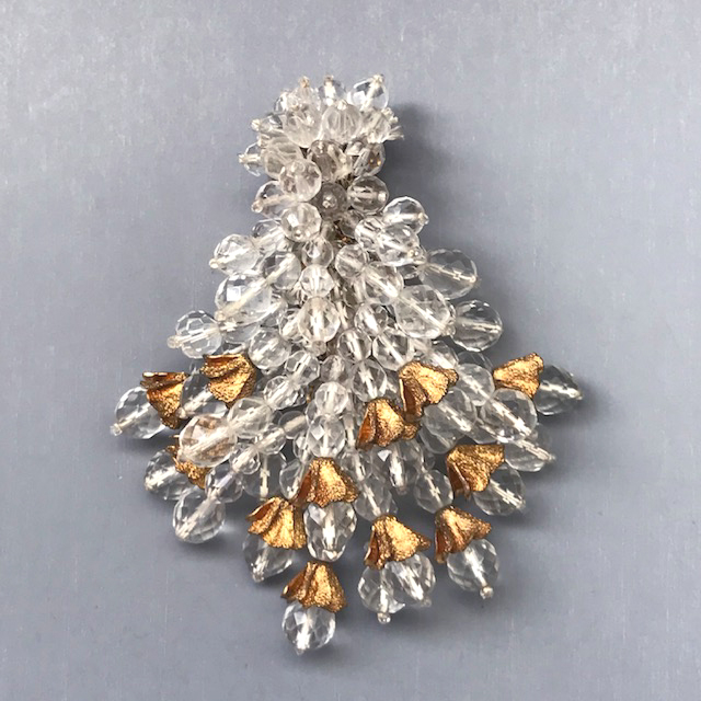 MIRIAM HASKELL by Frank Hess clear faceted glass beaded dress clip with gold metal caps