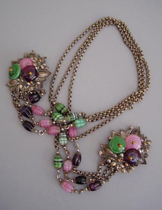 MIRIAM HASKELL Hess pink, green, purple glass beads lariat 1940
