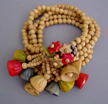 MIRIAM HASKELL Hess wooden beads, stars, bells bracelet, 1940