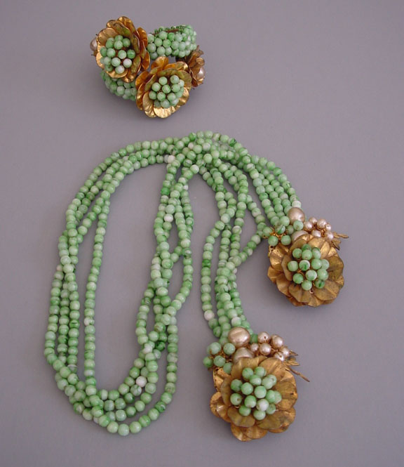 MIRIAM HASKELL Hess green white lariat necklace, bracelet