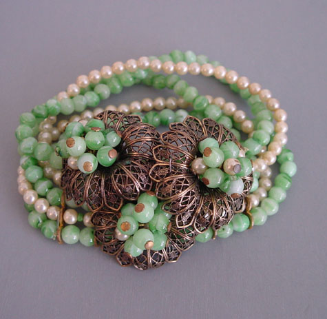 MIRIAM HASKELL Hess green beads, pearls bracelet, 1940