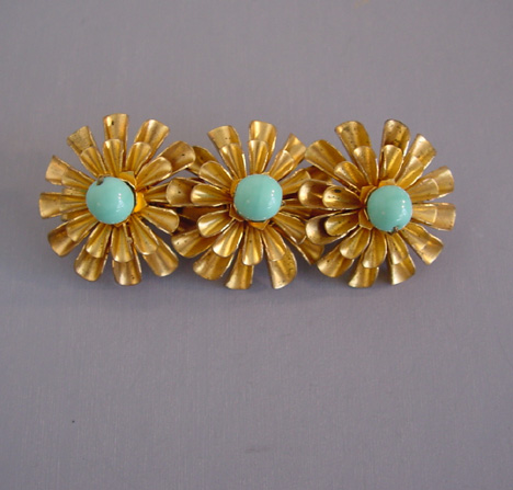 MIRIAM HASKELL by Frank Hess three flowers bar brooch with aqua glass bead centers and lots of lovely gold plated petals