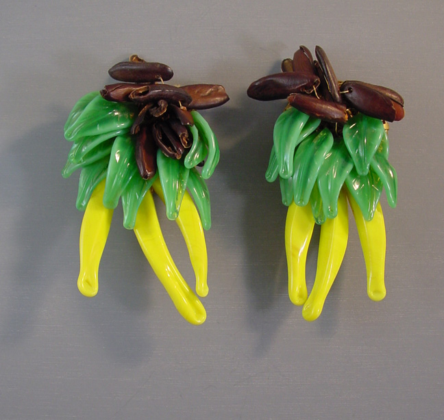 MIRIAM HASKELL banana yellow glass dress clips green leaves