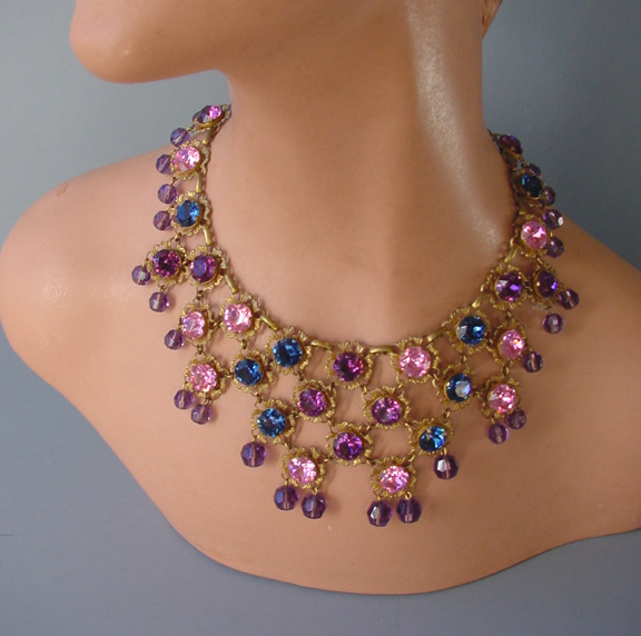 MIRIAM HASKELL bib necklace and earrings, pink, purple, blue