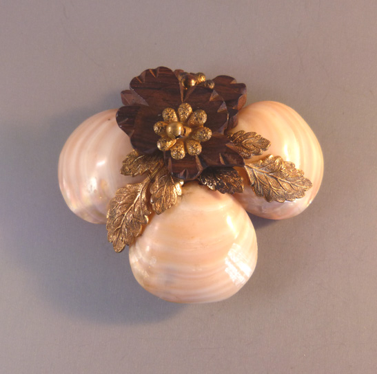MIRIAM HASKELL by Frank Hess genuine seashell and carved wooden flower brooch with gold metal leaves
