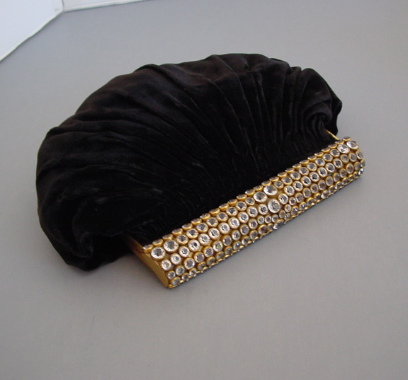 GENEVIEVE purse clear rhinestones, black velvet, possible Hobe frame