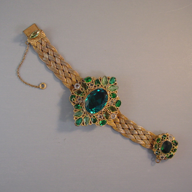 HOBE unsigned bracelet with green, chartreuse and clear rhinestones