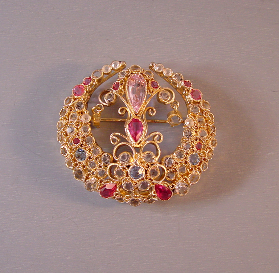 HOBE brooch with pink, blue and clear unfoiled rhinestones