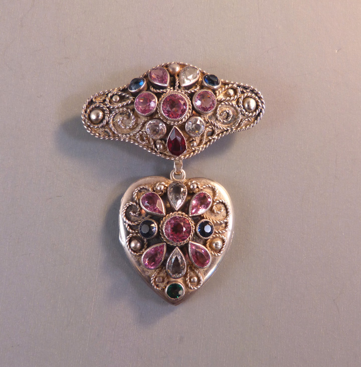 HOBE silver locket brooch with red, pink and blue rhinestones