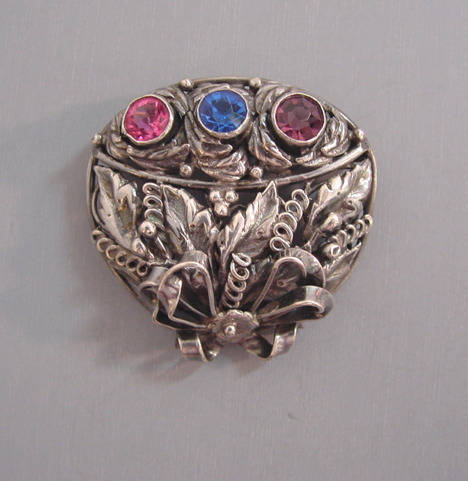 HOBE sterling brooch blue, pink & purple rhinestones, 1945