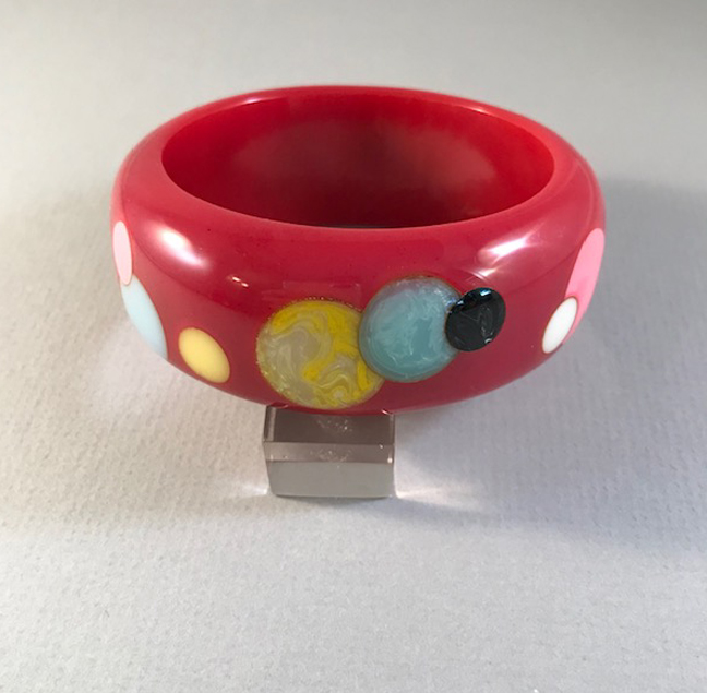 KRONIMUS bakelite red bangle orange, green, yellow dots