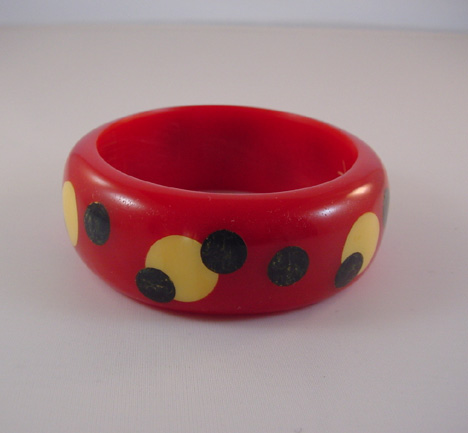 KRONIMUS bakelite red bangle with cream & blue dots