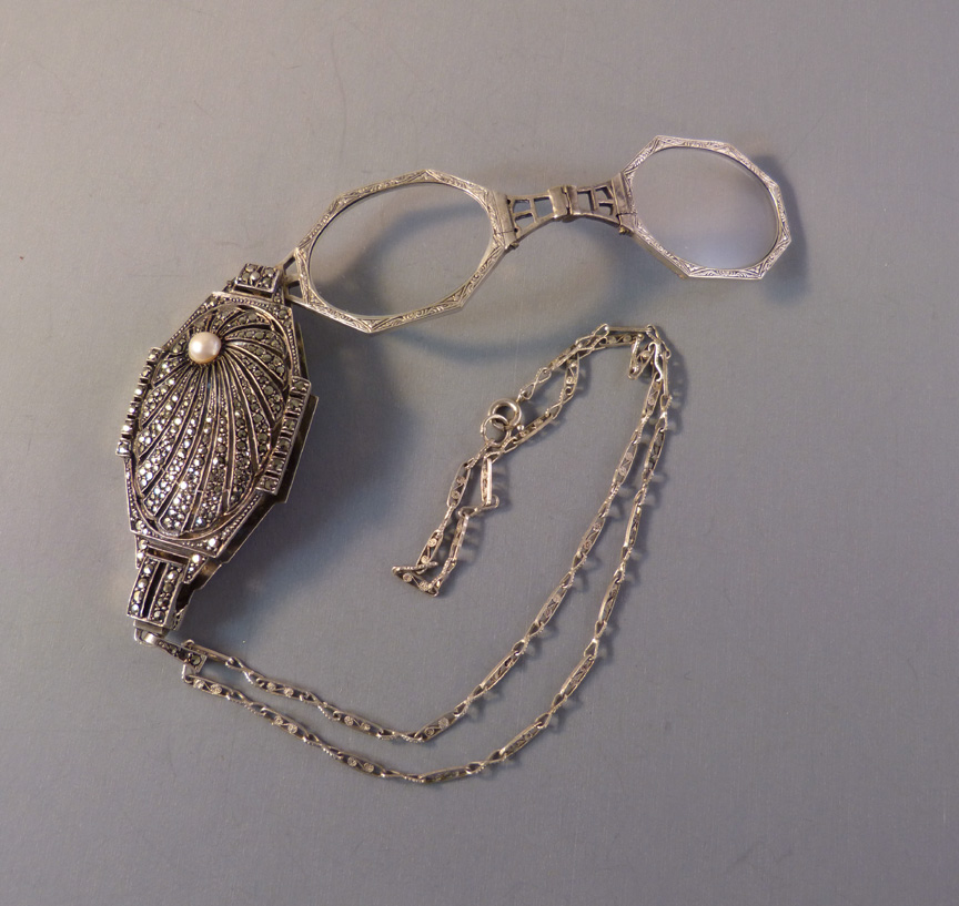 LORGNETTE sterling, marcasites and pearl lorgnette pendant