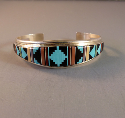 SYLVESTER NOCHE Zuni sterling and inlay bracelet, turquoise, jet, coral, oyster