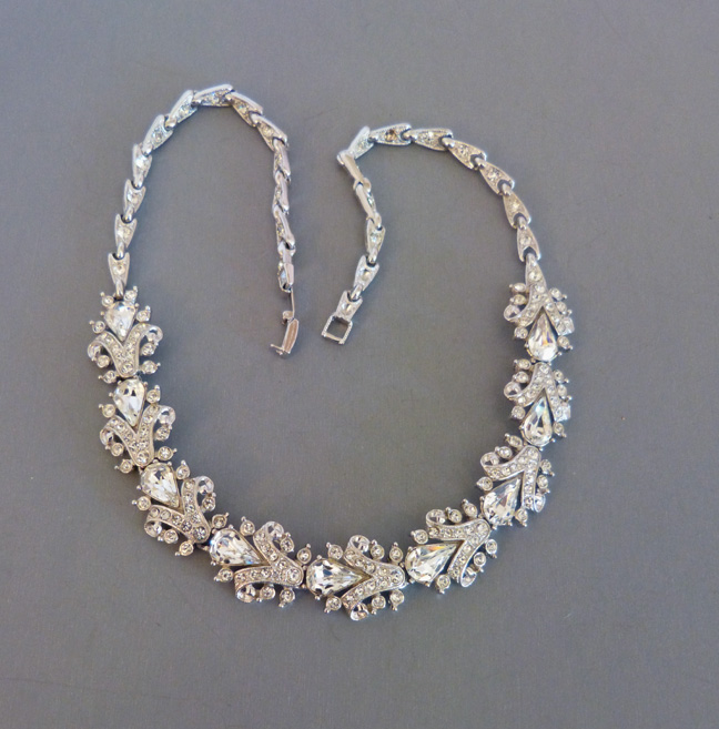 ORA clear rhinestone necklace set in silver tone 1950s