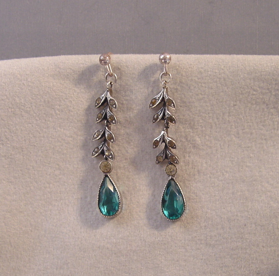 FRENCH paste aqua blue and clear paste earrings marked sterling