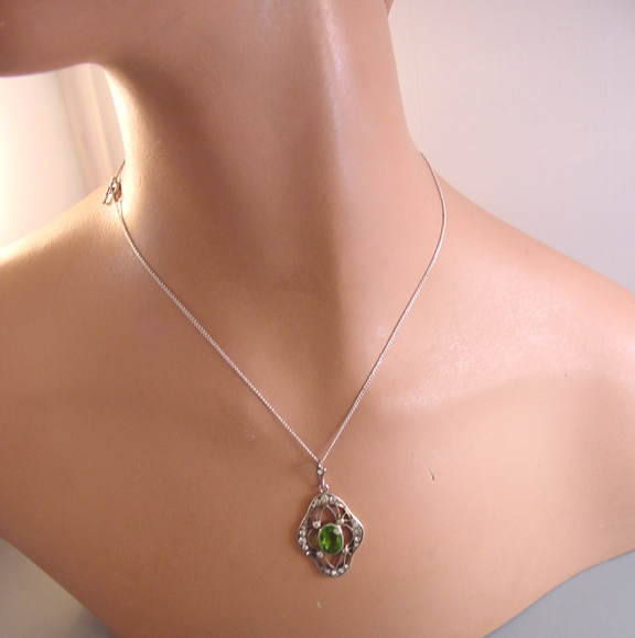 GREEN & clear paste lavaliere necklace 800/1000 sterling silver