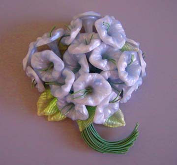BLUE and green plastic morning glory flowers bouquet brooch
