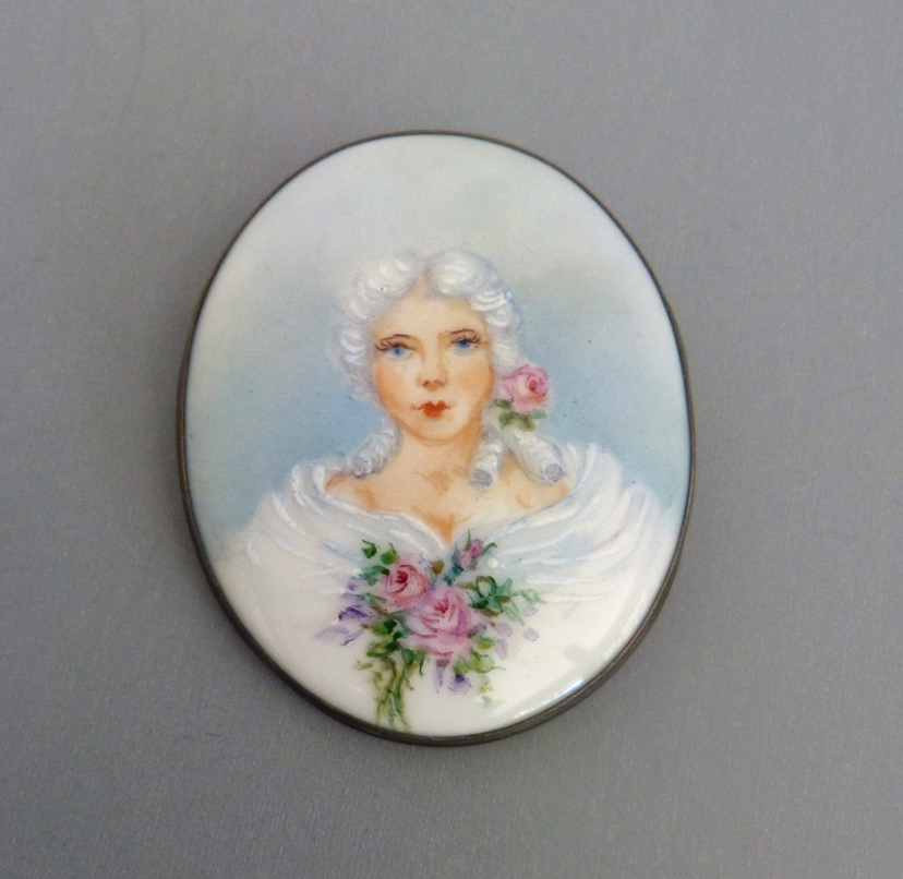 PORTRAIT hand painted lady with blonde sausage curls brooch
