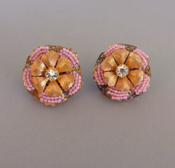 EARRINGS pink glass seed bead, textured gold tone petals